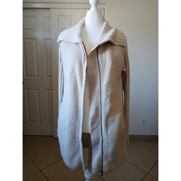 Prana Women’s Ivory Ribbed Knit Yunna Cardigan Oversize Medium Zipper Shawl Neck - Picture 13 of 16